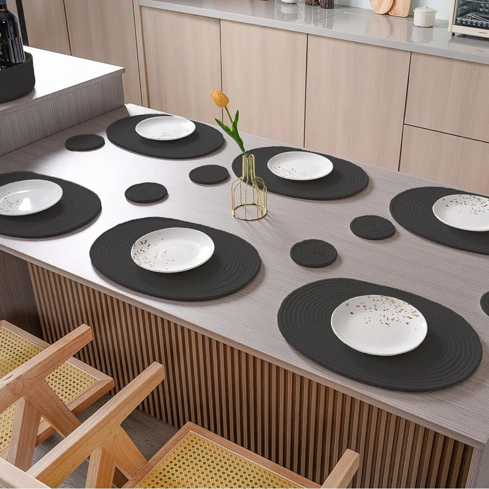 Contemporary/Boho Farmhouse Black Rope Place Mat & Coaster 13 Piece Table Set
